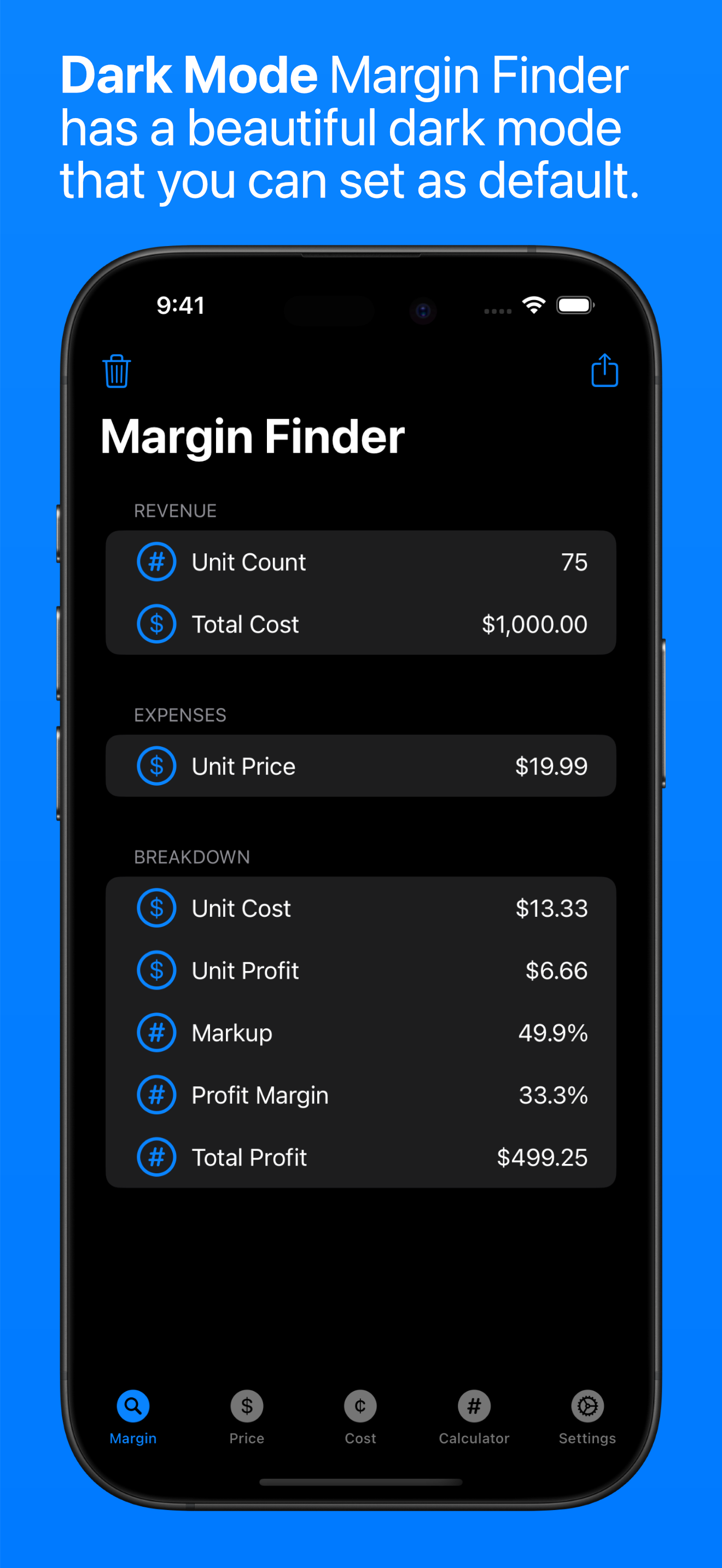 Margin Finder Dark Mode on iPhone